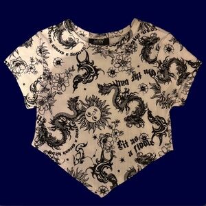 black & white celestial dragon graphic cropped tee